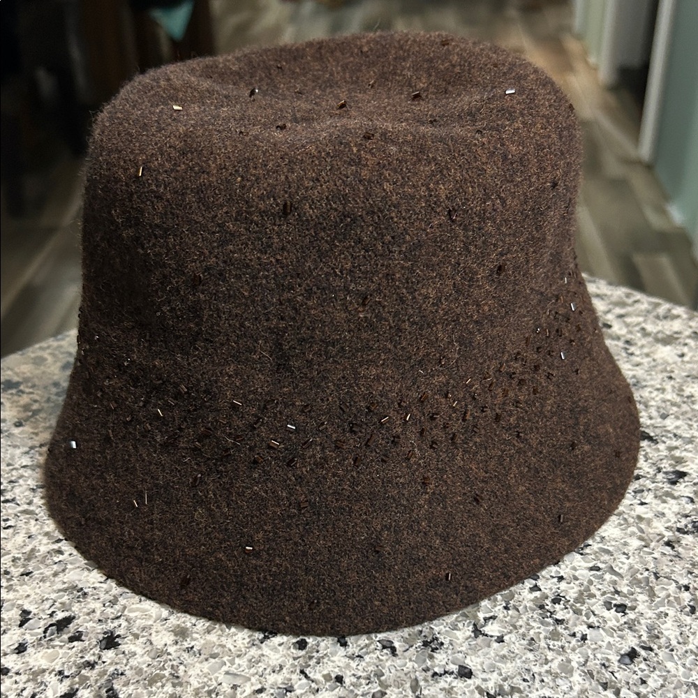 Nine West Dark Brown Bejeweled Wool Bucket Hat